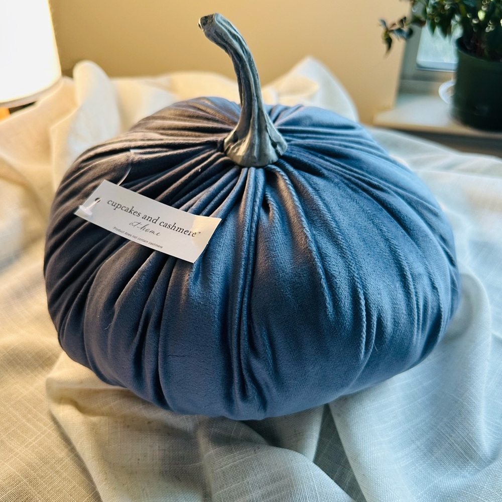 NIP Fall decor - velour fabric, blue stuffed pumpkin.